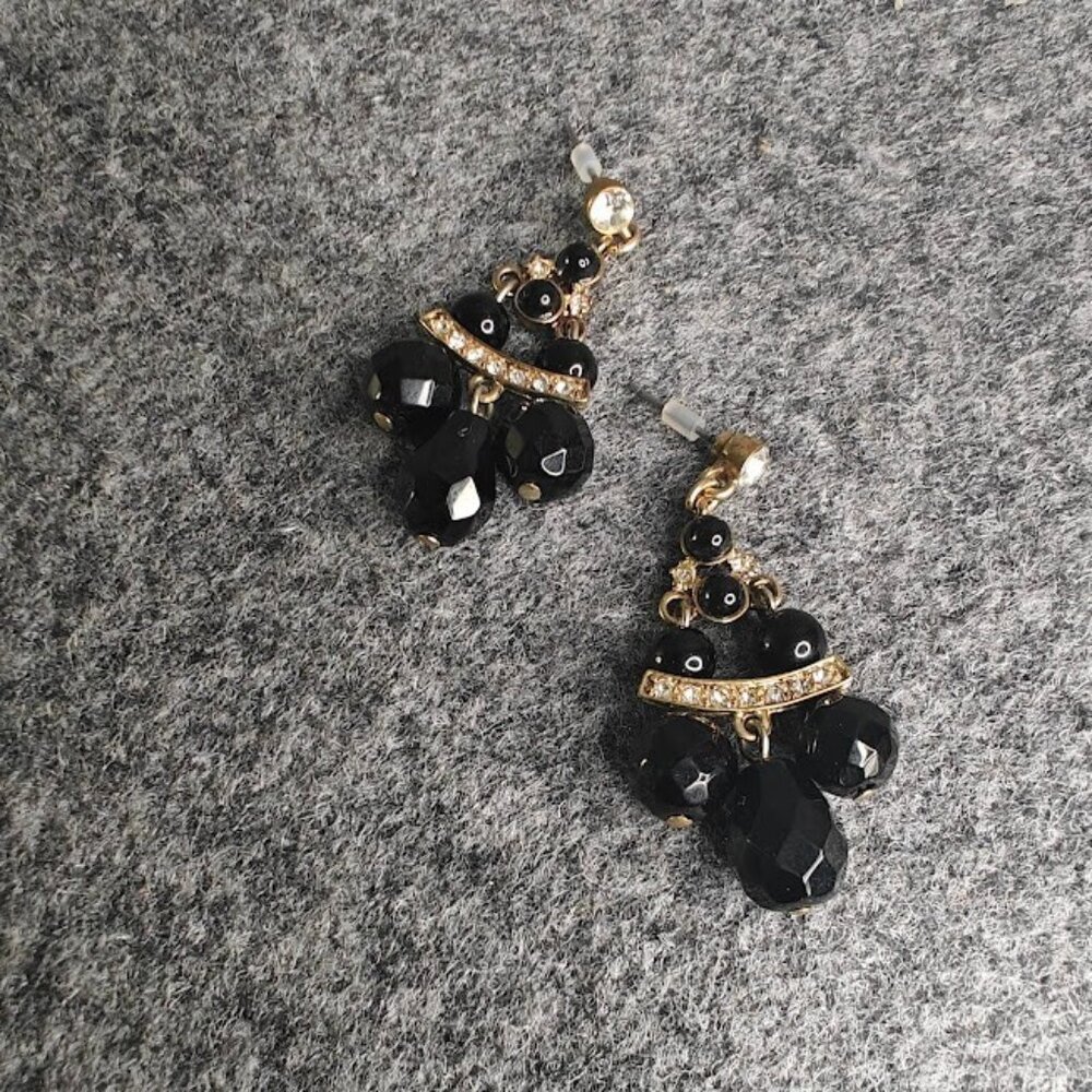 Stud Earrings Women’s Medium Black/Gold Tiered Bead Rhinestone Glam Chic